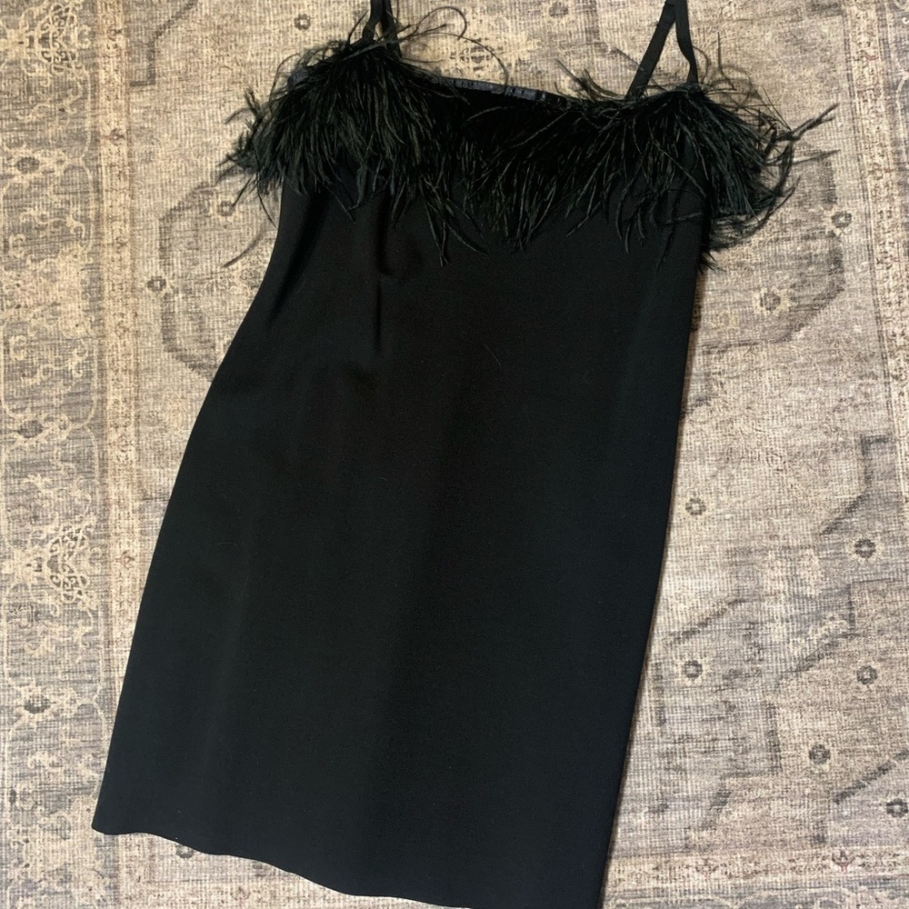 Chic Black Feather Trim Mini Dress Urban Outfitters Clarissa Size 12 - Picture 8 of 10